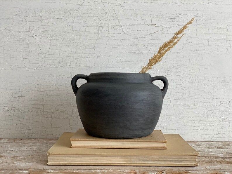 Wabi sabi black vase 8.5'' wide, Artisan Hand finish vase, Minimalist vase, Black Grey vase with ... | Etsy (US)