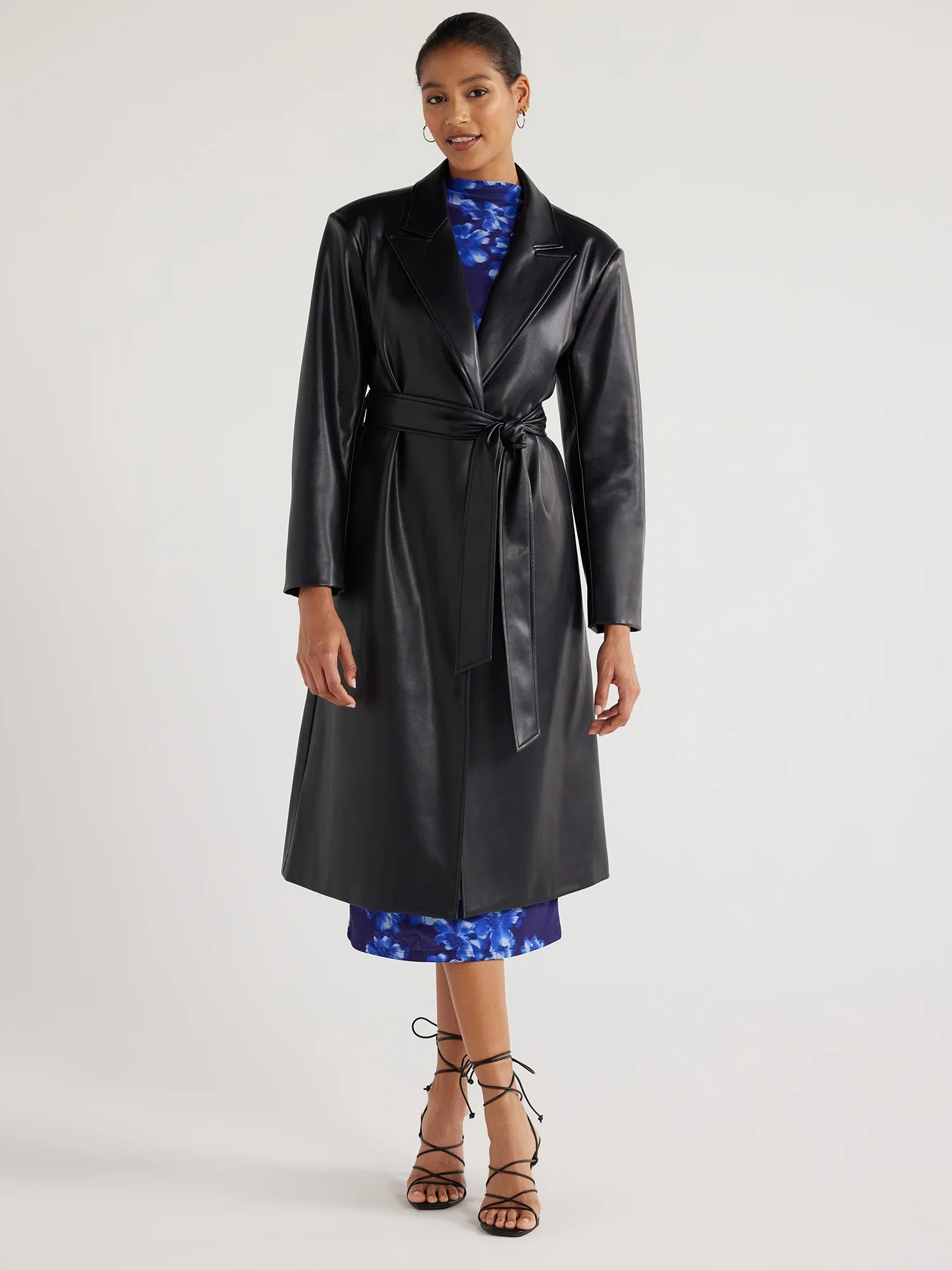 Scoop Women's Faux Leather Trench Coat with Padded Shoulders, Sizes, XS-XXL | Walmart (US)