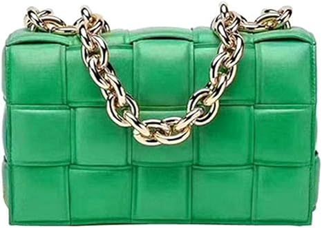 N/C Ladies Messenger Woven Flap Bag, PU Leather Thick Chain Handbag Messenger Bag Green | Amazon (US)