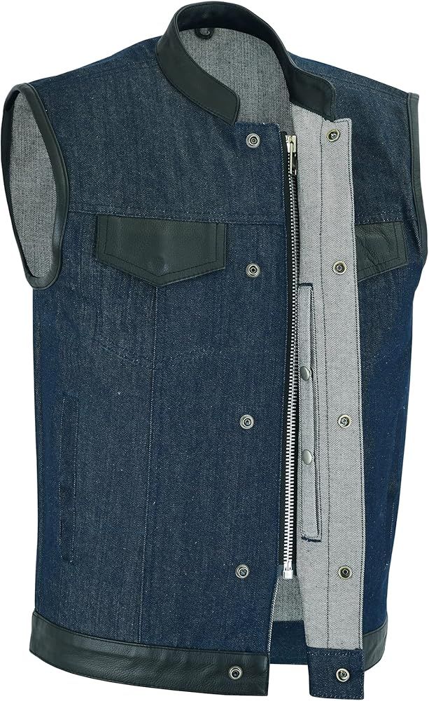 Daniel Smart Men’s Vest - Denim Leather Detailing Motorcycle Vest for Men’s Scoop Collar Design - Co | Amazon (US)
