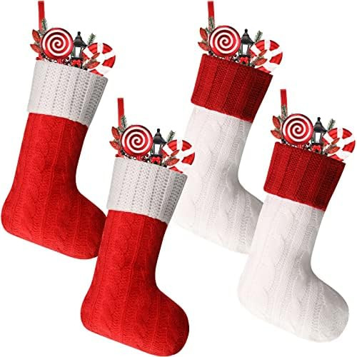 BBTO 4 Pieces Christmas Stockings Knit Xmas Stockings Red and White Stocking Decorations Xmas Tree S | Amazon (US)