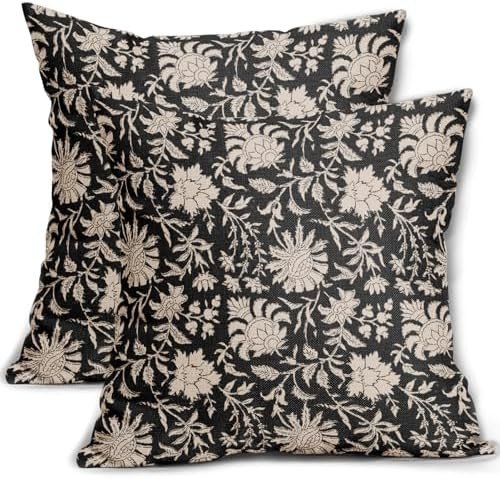 Black Floral Pillow Covers 18x18 Set of 2 Brown Cream Vintage Flower Block Print Pattern Decorati... | Amazon (CA)