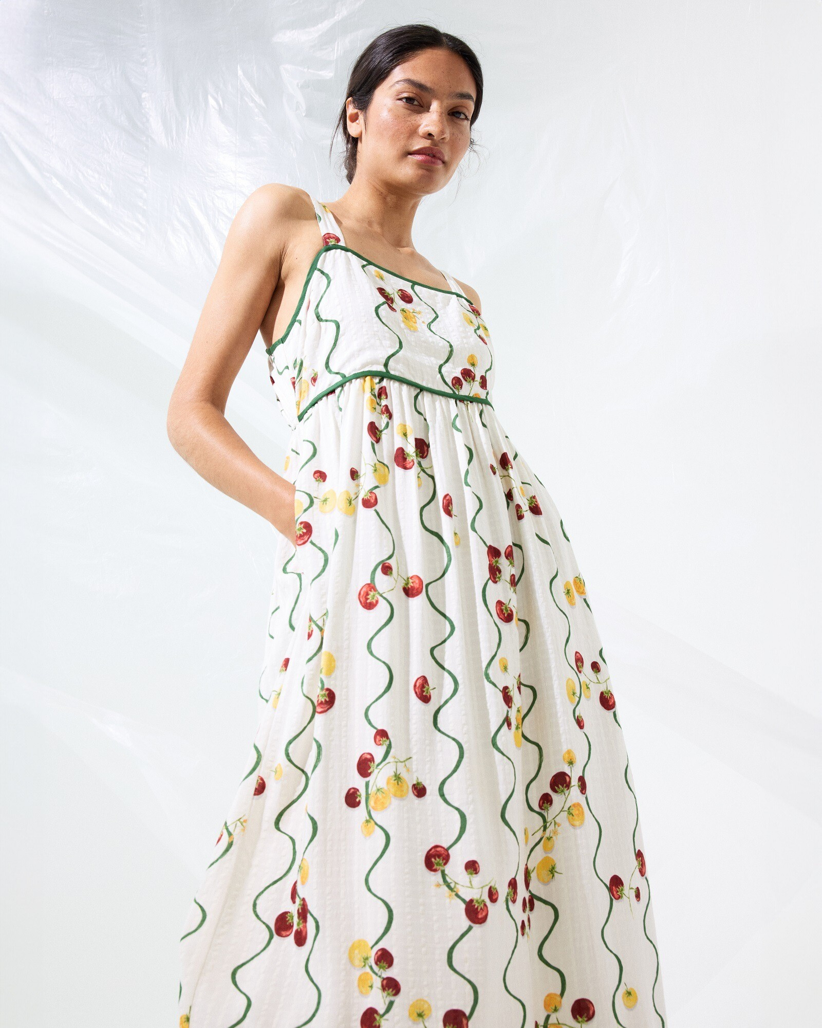 White & Green Striped Tomato Print Strappy Midi Dress | Oliver Bonas | Oliver Bonas (Global)