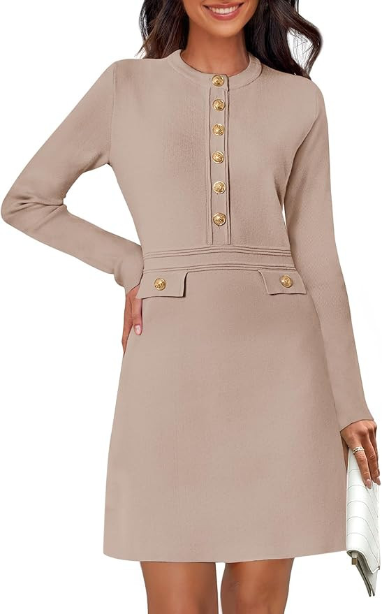 MEROKEETY Women's Long Sleeve Bodycon Sweater Dress Button Crew Neck Elegant Formal Mini Dresses | Amazon (US)