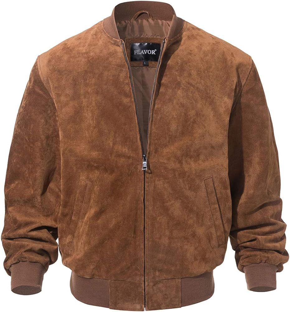 FLAVOR Men's Leather Baseball Jacket Vintage Suede Pigskin | Amazon (US)