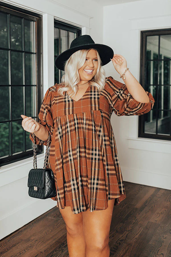Yearn For More Plaid Babydoll Dress in Camel Curves • Impressions Online Boutique | Impressions Online Boutique