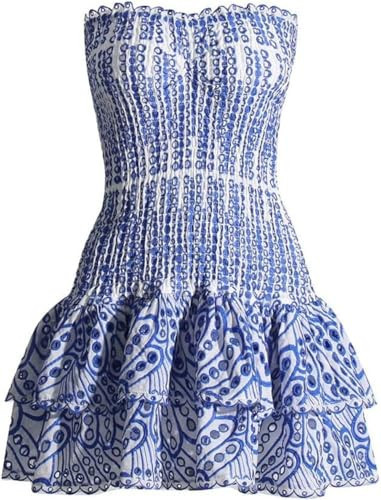 RICHTRUE Blue and White Floral Mini Dress Y2k Tube Top Dress Summer Beach Dresses for Women 2025 Vacation | Amazon (US)