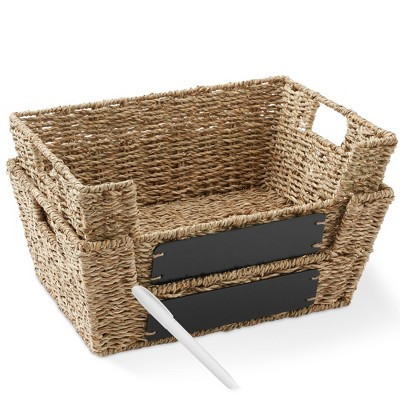 Casafield (Set of 2) Seagrass Pantry Baskets with Handles and Chalkboard Labels, Wide Woven Storage Baskets for Kitchen Shelves | Target
