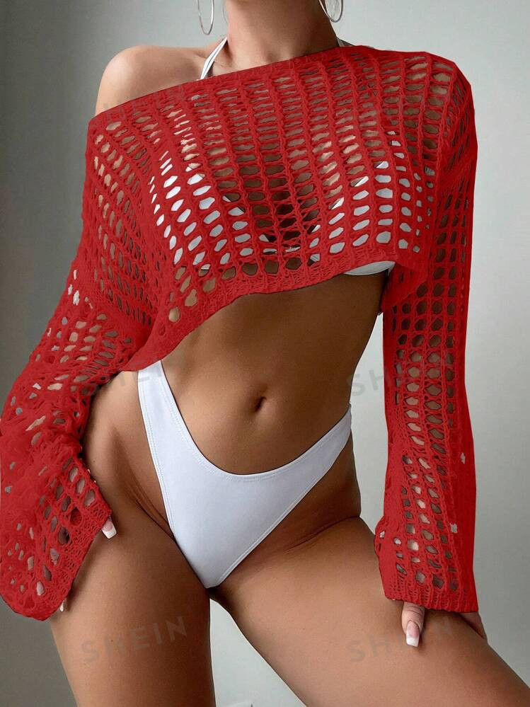 SHEIN Swim Ladies' Summer Beach Hollow Knit Cropped Fashion Cover-Up | SHEIN