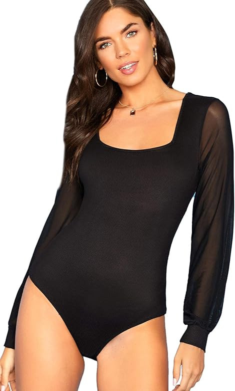 Romwe Women's Elegant Square Neck Mesh Long Sleeve Ribbed Knit Bodysuit Tops | Amazon (US)