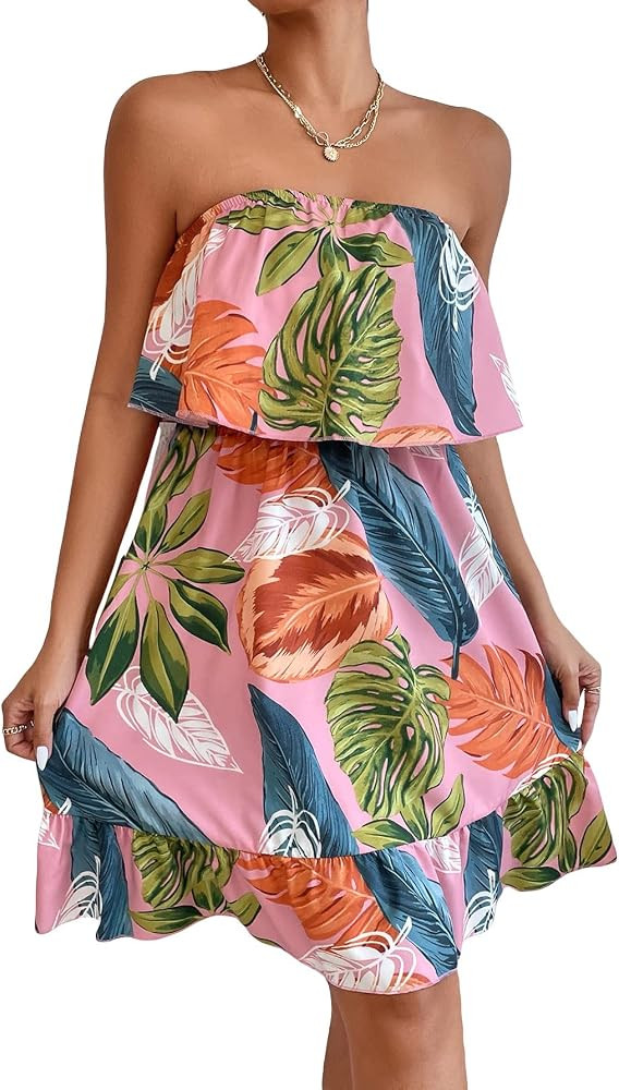 SOLY HUX Women's Floral Summer Beach Casual Sun Dresses Tropical Leaf Print Sleeveless Ruffle Hem... | Amazon (US)