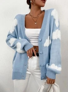 SHEIN Qutie Drop Shoulder Cloud Pattern Cardigan | SHEIN