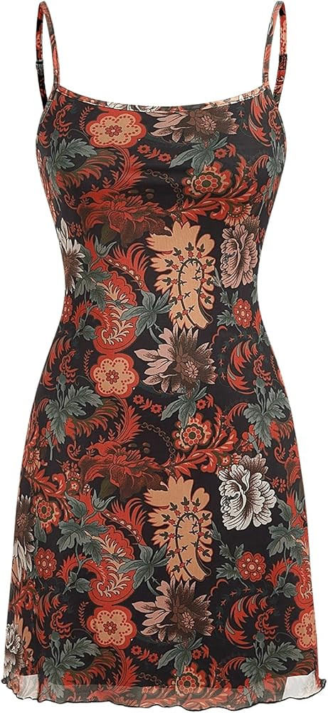 Verdusa Women's Mini Dress Floral Spaghetti Strap Mesh Dresses Going Out Festival Concert Outfits... | Amazon (US)