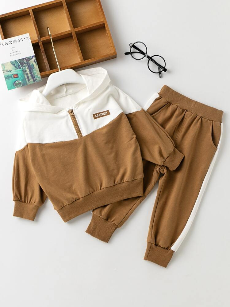 Toddler Boys Half Zipper Spliced Hoodie With Joggers | SHEIN