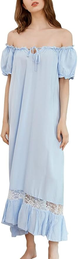 Verd Evoa Womens Vintage Cotton Nightgown Loose Short Sleeve Sleep Dress Long Nightdress | Amazon (US)