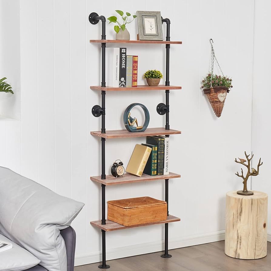 Anynice 5 Tier Industrial Ladder Bookshelf, Wall Mounted Wood Metal Rustic Pipe Shelves (Weathere... | Amazon (US)