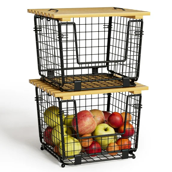 TINANA Stackable Fruit Baskets with Bamboo Top: 2 Pack Pantry Organizer for Kitchen Counter, Stor... | Walmart (US)