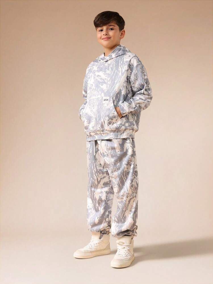 SUMWON Tween Boys Camouflage Hoodie And Sweatpants Co-Ord Set Hood And Centre Pocket Vacation | SHEIN