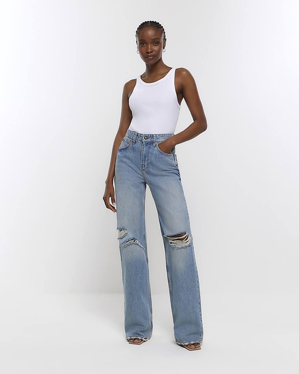 Blue wide leg ripped jeans | River Island (UK & IE)