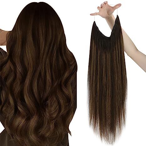 Sunny Dark Brown Hair Extensions Fish Line Real Human Hair Invisible Wire Human Hair Extensions D... | Amazon (US)