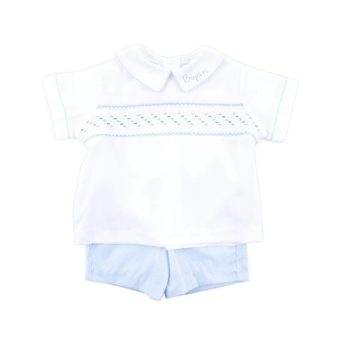 White & Blue Gingham Geo Smocked Collared Short Set | Classic Whimsy
