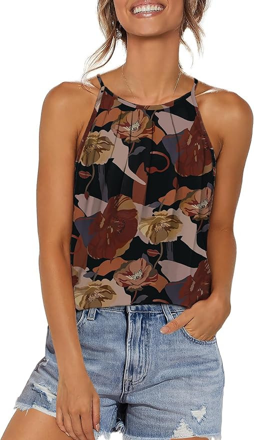 WIHOLL Womens Pleated Tank Tops Spaghetti Strap Camisole Halter Tops Curved Hem Fashion 2025 | Amazon (US)