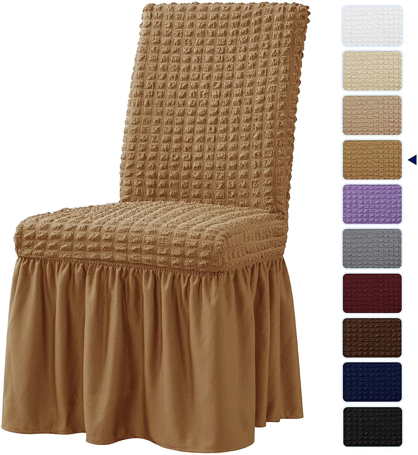 Subrtex Stretch 1-Piece Pleated Ruffled Skirt Dining Chair Slipcover (Set of 2, Almond) | Walmart (US)