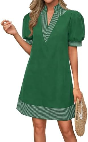 Wenrine Womens Summer V Neck Puff Short Sleeve Boho Mini Shift Dresses | Floral Print, Color Bloc... | Amazon (US)