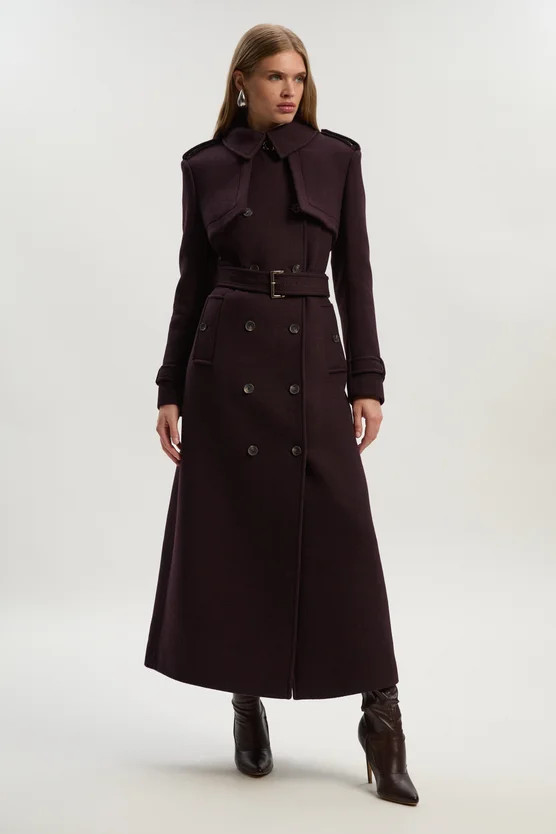Wool Pu Mix Tailored Belted Trench Maxi Coat | Karen Millen UK + IE + DE + NL