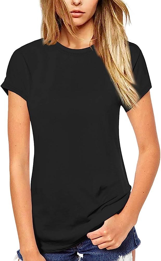 Beluring Women's Summer Shirts Short Sleeve Tops Solid Color Tees (M,Black) at Amazon Women’s Clothi | Amazon (US)