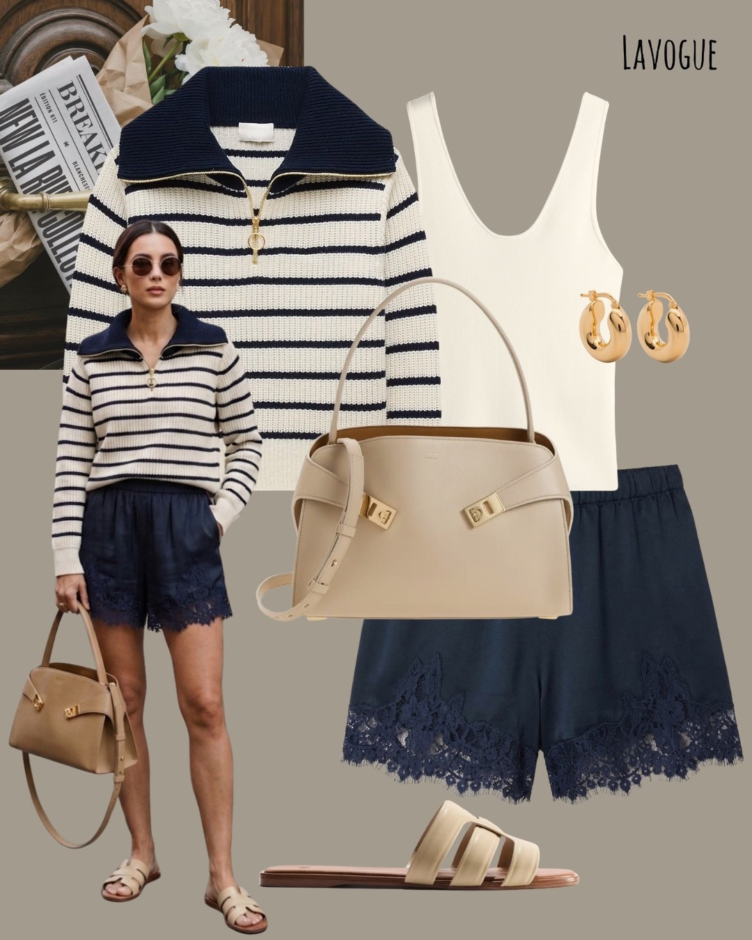 Effortless luxe 🤍 Navy + cream cashmere quarter zip layered over a basic tank and navy lace-trim shorts, finished with beige sandals and a matching bag.
Shop Below 👇🏼

#LTKootd #LTKSeasonal #LTKTravel