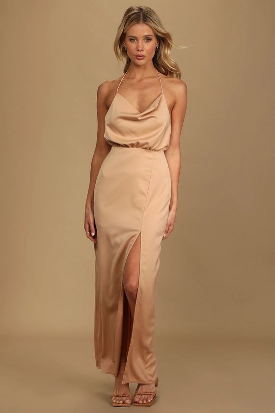 It's Fate Pale Orange Satin Sleeveless Halter Maxi Dress | Lulus (US)