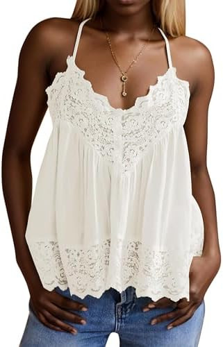 Women Racerback Lace Camisole Top Babydoll Polka Dot Top Scalloped Hem Sheer Shirts Spaghetti Str... | Amazon (US)