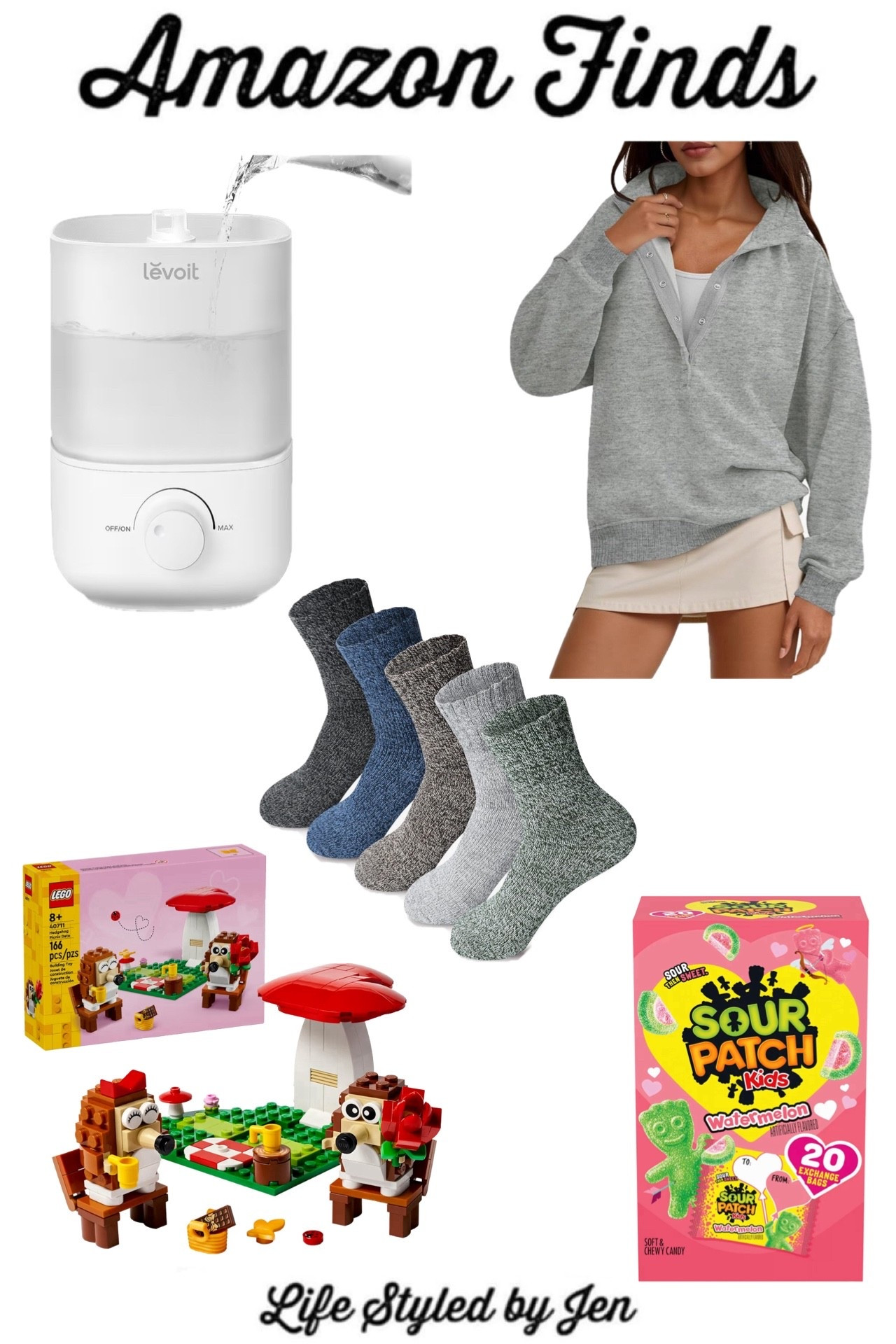 Time for this week’s Amazon Finds - five items from Amazon that are definitely worth checking out! 🎉

✔️ LEVOIT Top Fill Cool Mist Humidifier - when over 100,000 units of an item have sold on Amazon in the past month, you know it’s good!! This humidifier is so perfect for this time of year, and one of the best features is the top fill option which makes it so easy to use. Definitely recommend, as this works so well! 

✔️ FYC Winter Womens Socks - these are the comfiest, snuggly socks that are so warm! Only $5.99 for a 5 pack, which is an incredible deal. 🧦

✔️ Lego Hedgehog Valentine’s Set - this adorable Lego set is now available at Amazon! Only $12.99, and perfect for any Lego fan. This set was available last year also, and sold out well before Valentine’s Day - at a higher price point! It’s so cute in person. 

✔️ Fisoew Women’s Henley Sweatshirt - new release at Amazon that’s flying! Fresh sweatshirt style that’s so affordable and comes in several great color options. 

✔️ Sour Patch Kid’s Watermelon 20 Count Pack - fan favorite candy that is available for only around $5 right now at Amazon (up to $10 at other retailers). While this is a Valentine’s pack of fun size bags, it’s perfect for even just having on hand for any time you have a sweet tooth since these are so tasty! 

#amazon #amazonfinds 

#LTKSeasonal #LTKFindsUnder50 #LTKSaleAlert