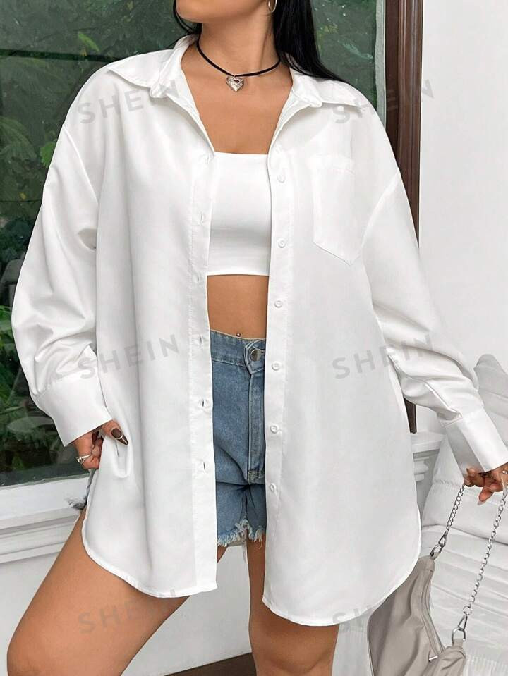 SHEIN EZwear Plus Size Women's Solid Color Drop Shoulder Pocket Shirt | SHEIN