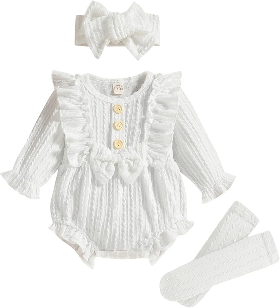 GRNSHTS Newborn Baby Girl Clothes Ruffle Solid Sweater Long Sleeve Romper+Hairband+Socks 3Pcs Fal... | Amazon (US)