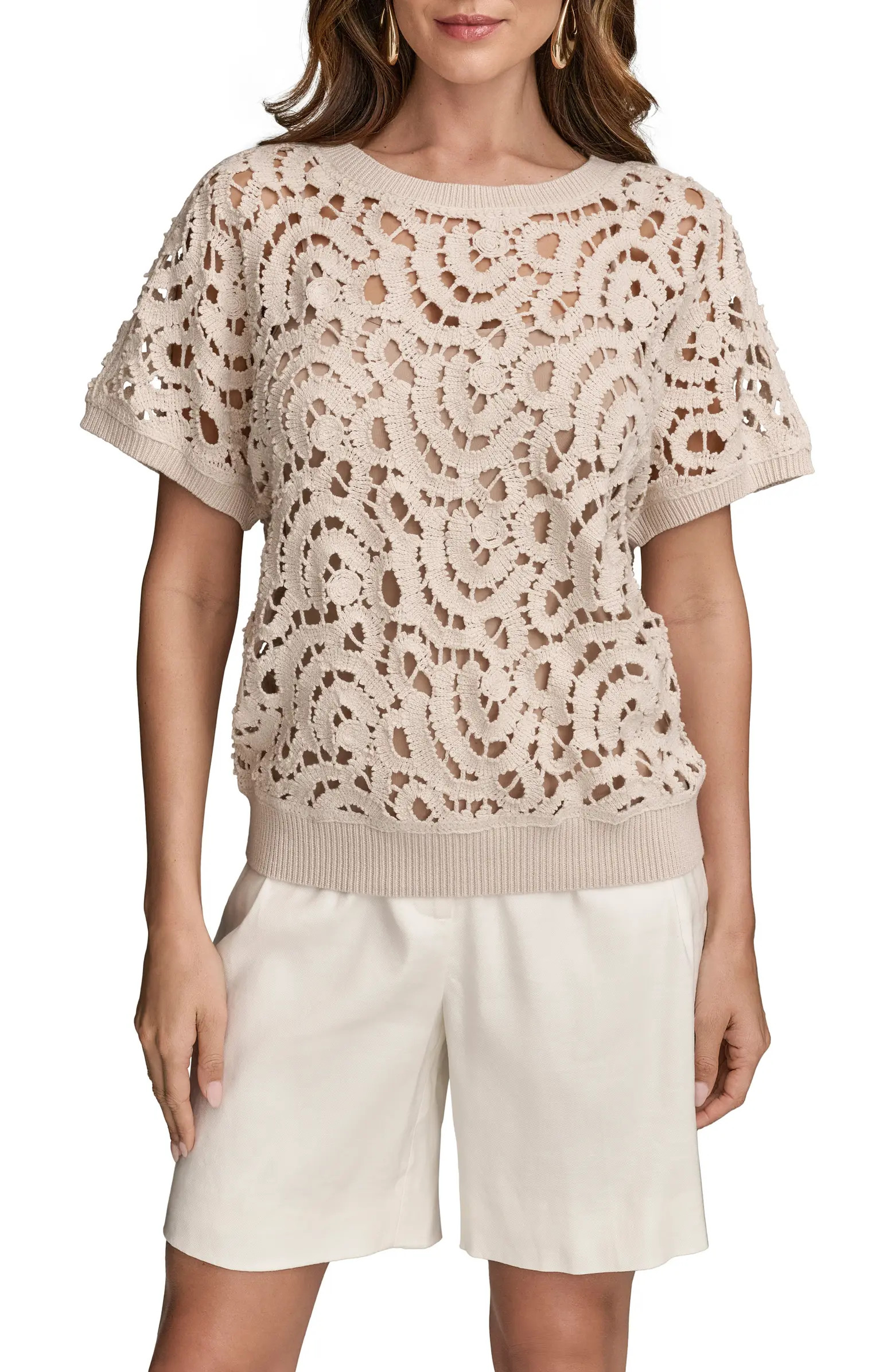 Drop Shoulder Crochet Short Sleeve Sweater | Nordstrom