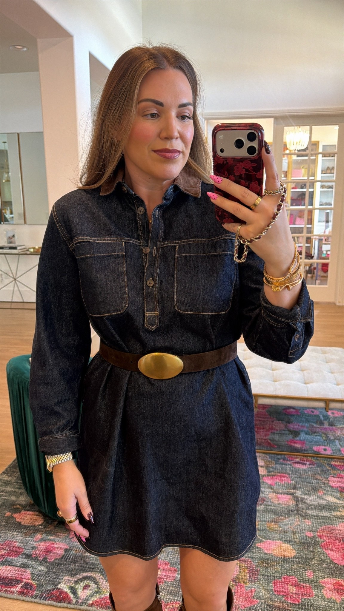 curvy midsize fall outfit! wearing size medium in dark wash denim shift dress. belted the look to be more fitted. dress is 40% off!

#LTKSeasonal #LTKMidsize #LTKSaleAlert