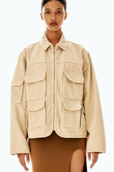Denim Utility Jacket - Long sleeve - Regular length - Light beige - Ladies | H&M US | H&M (US + CA)