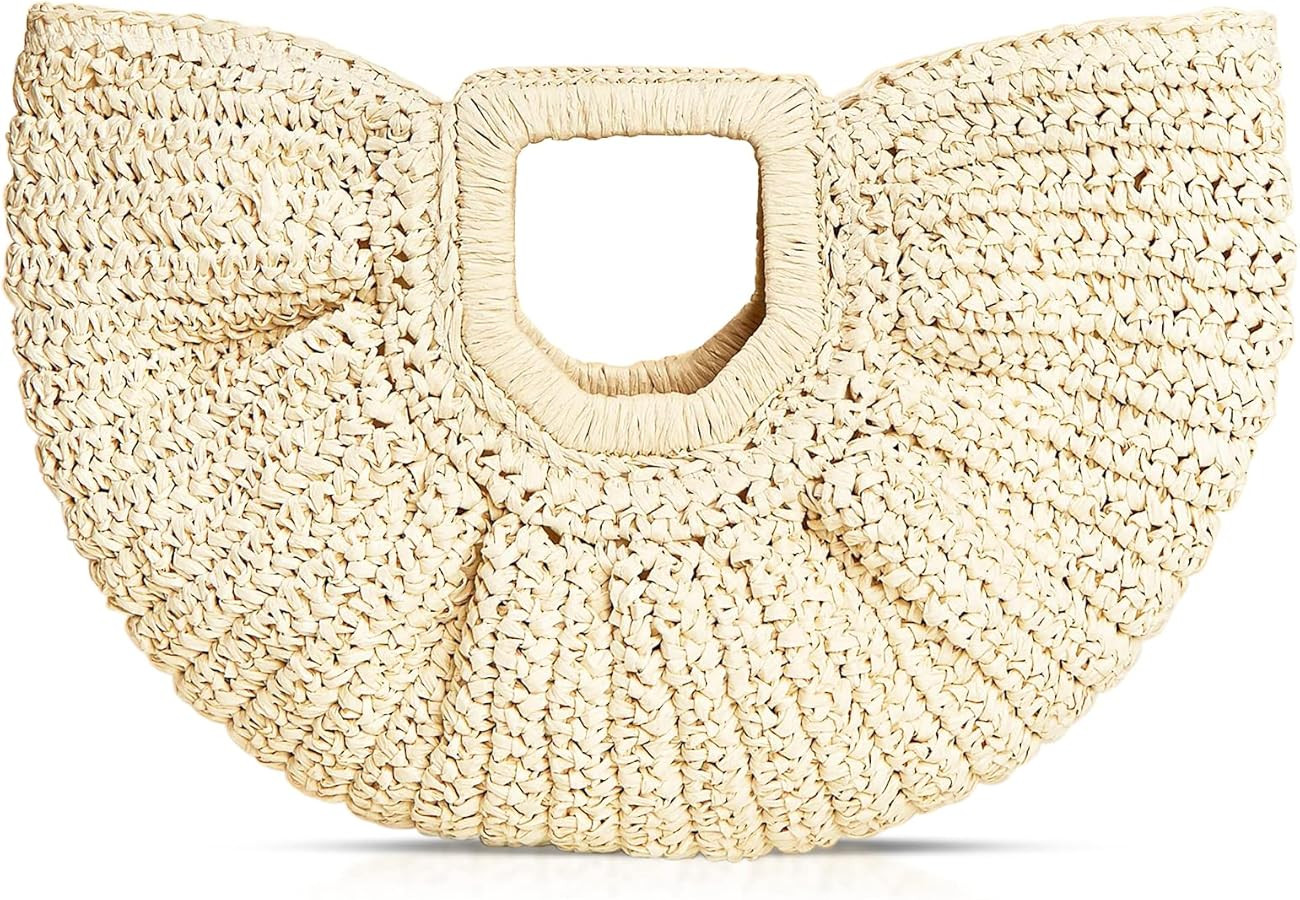 Rattan Handbag, Semi-Circular Woven Beach Bag for Women - Handmade Rattan Handbag for Vacation Tr... | Amazon (US)