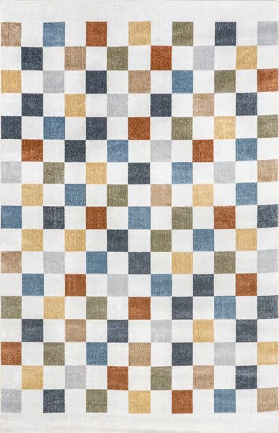 Beige Carina Washable Colorful Checkered 4' x 6' Area Rug | Rugs USA