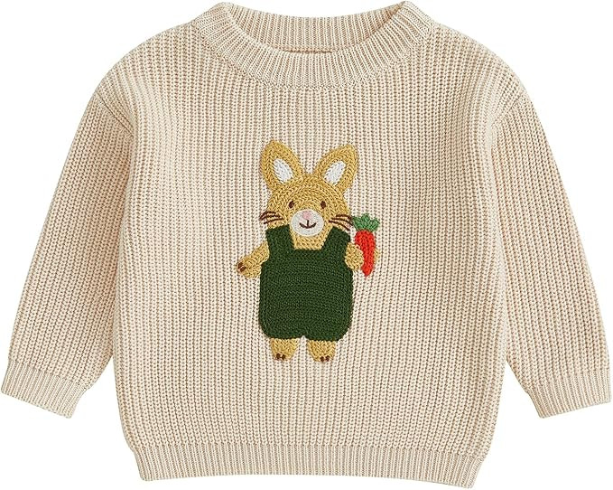 Kids Baby Girl Boy Easter Outfit Rabbit Embroidery Long Sleeve Pullover Knit Sweater Toddler Spri... | Amazon (US)