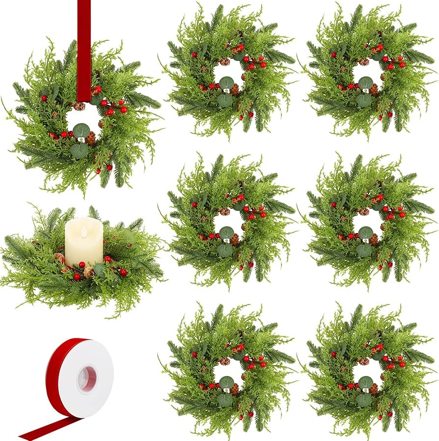 Aneco 8 Pieces Christmas Candle Rings Wreath with Ribbon 8.7 Inch Wreath Holder Pillar Candlestic... | Amazon (US)