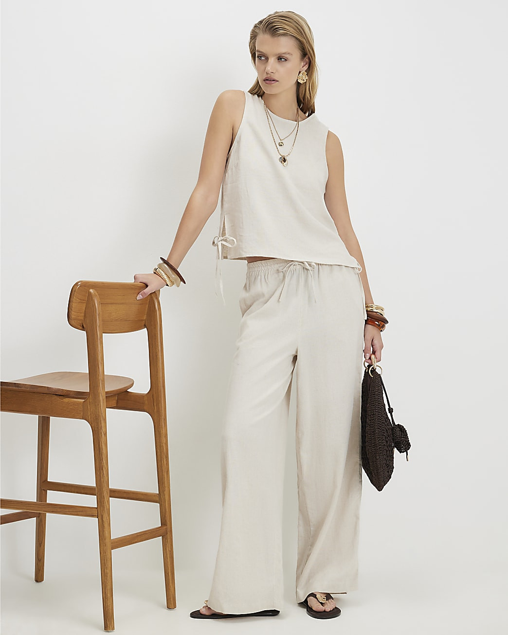 Beige Linen Blend Wide Leg Trousers | River Island UK & IE