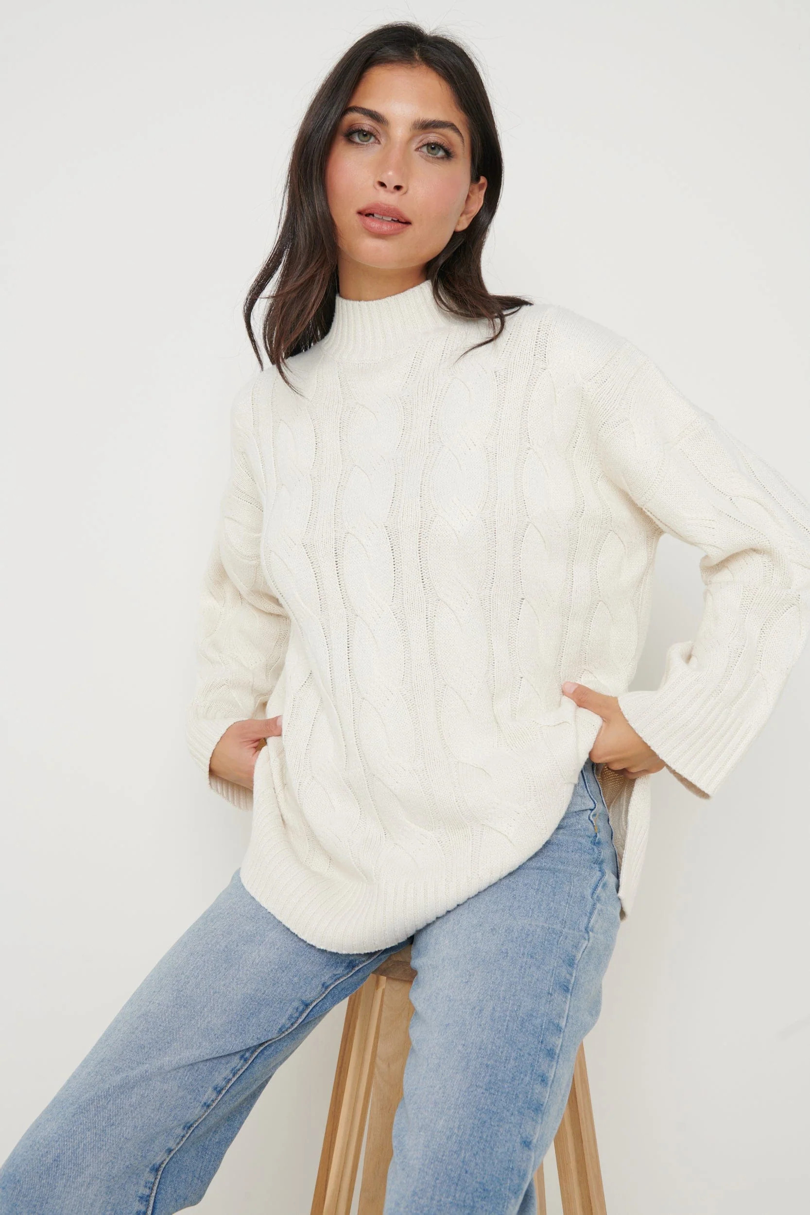 Caprice Cable Knit Roll Neck Jumper - Cream | Pretty Lavish (UK)