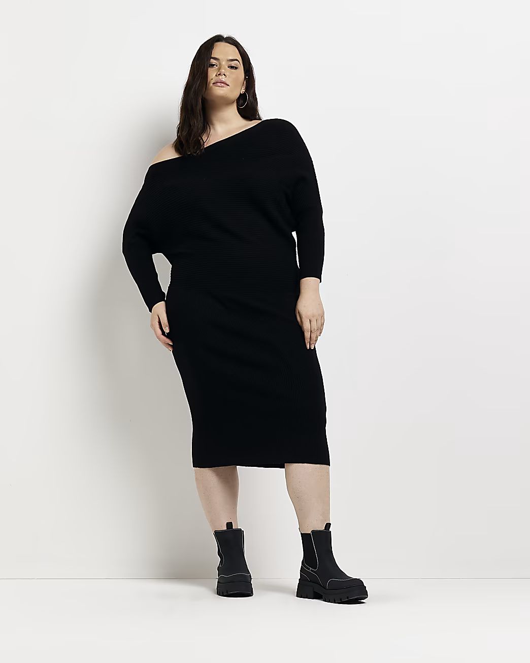 Plus black off shoulder jumper midi dress | River Island (UK & IE)