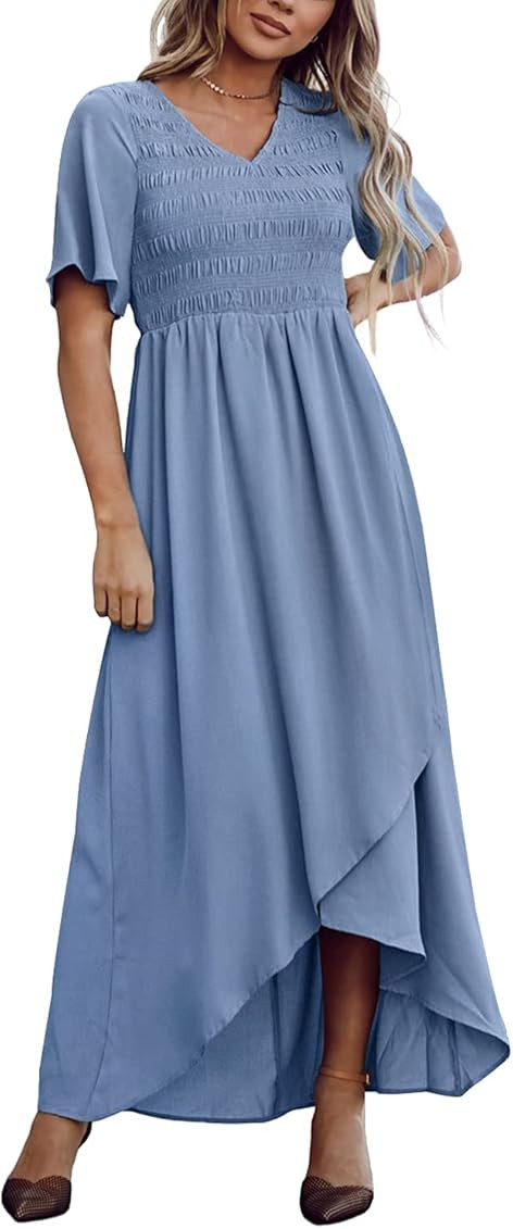 Zattcas Women Short Sleeve Summer V Neck High Low Smocked Maxi Dress | Amazon (US)