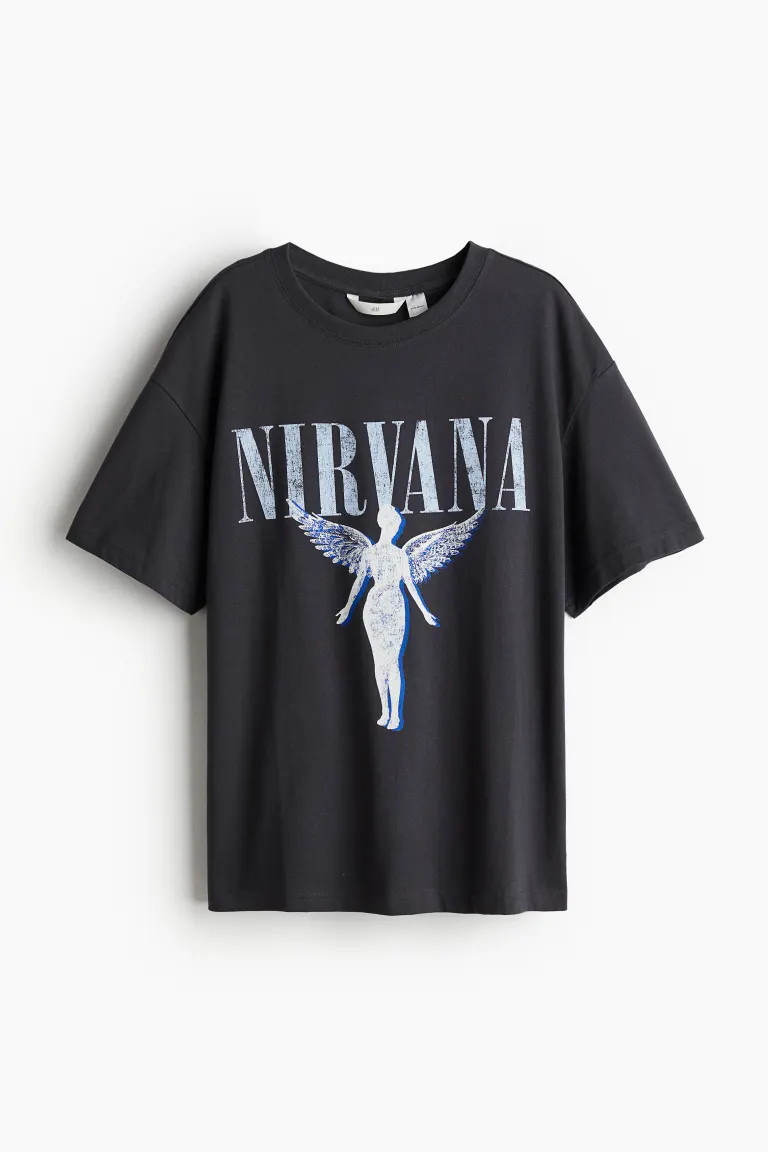 Oversized Printed T-shirt - Round Neck - Short sleeve - Dark gray/AC/DC - Ladies | H&M US | H&M (US, CA, MX)