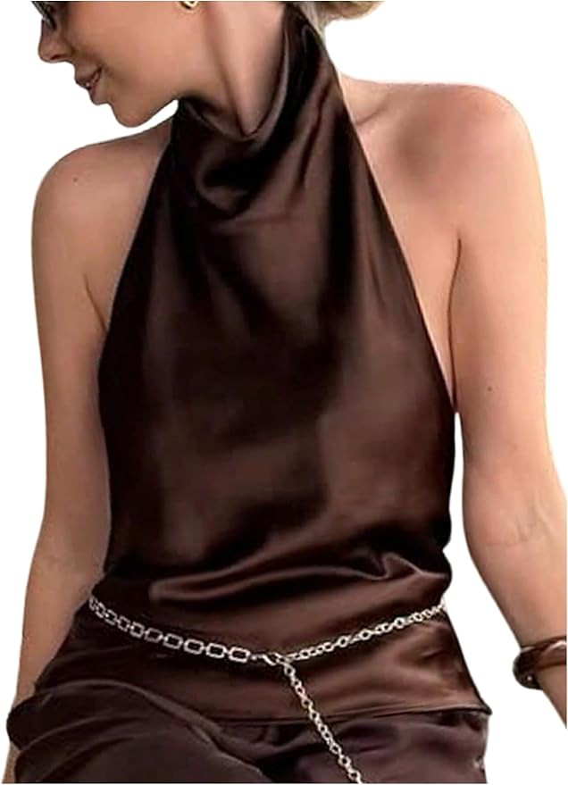 SweatyRocks Women's Satin Halter Top Backless Cowl Neck Summer Blouse Tops Going Out Outfits | Amazon (US)