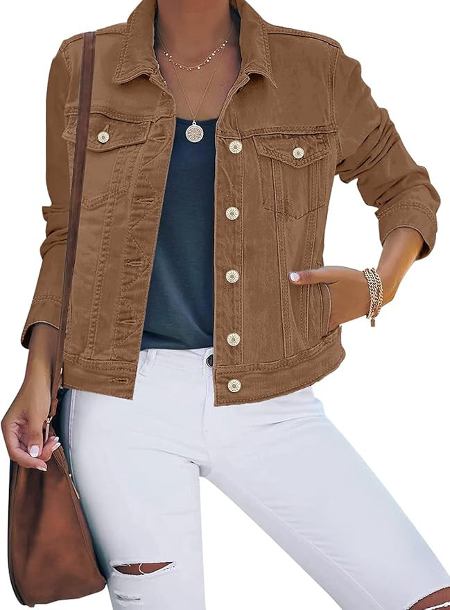 luvamia Women's Basic Button Down Stretch Fitted Long Sleeves Denim Jean Jacket | Amazon (US)